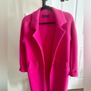 Pink Knit Knee Length Cardigan with Pocket Flaps